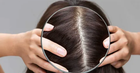 Hands parting dark hair with a magnifying glass over the scalp