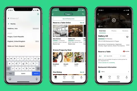 Three phone screens showing a travel app with place search and restaurant listings